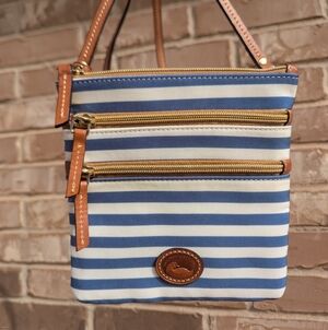 Dooney and Bourke North South Triple Zip Small  Crossbody Blue White Stripes
